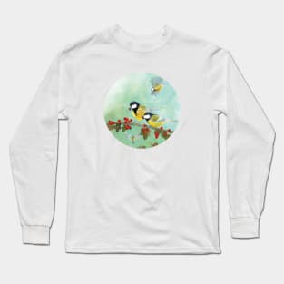 Great Tit Birds on a Hawthorn Branch Long Sleeve T-Shirt